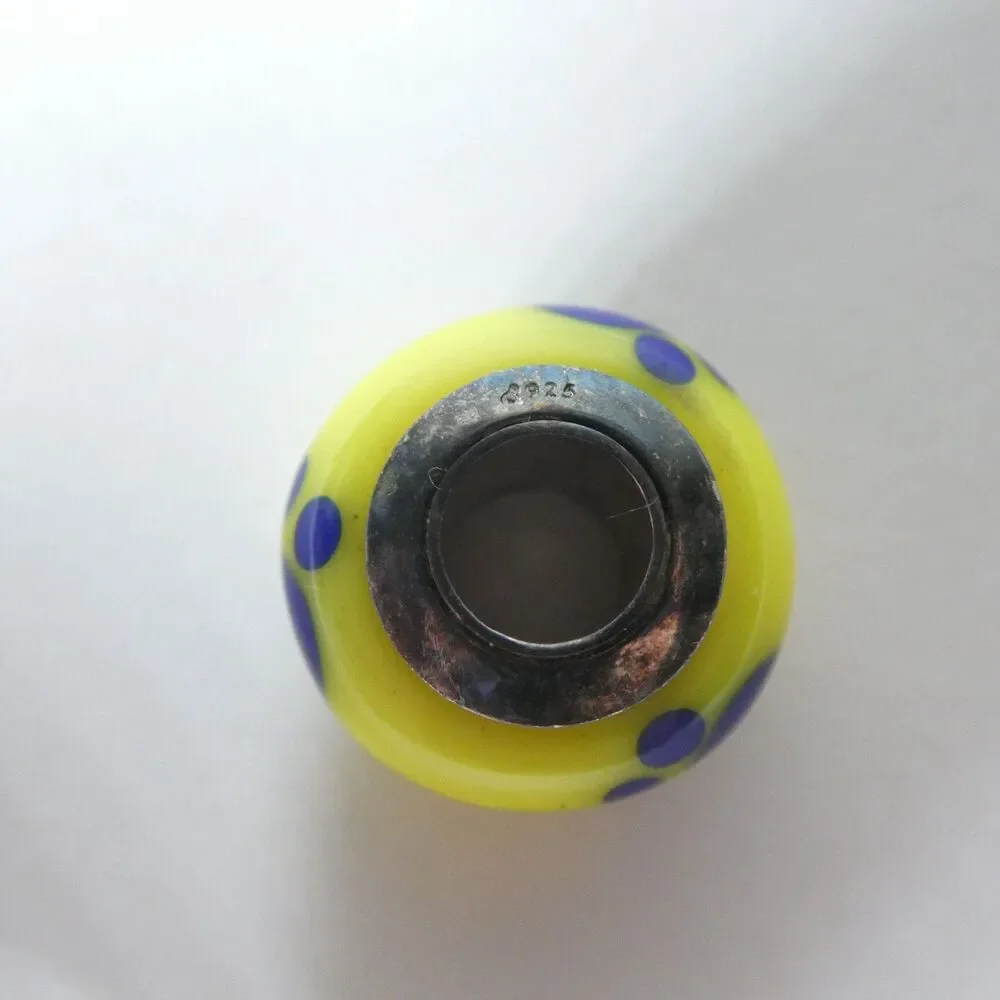 Ohm Glass Bead Blue Yellow Paw Print Dog 925 Sterling Silver Charm